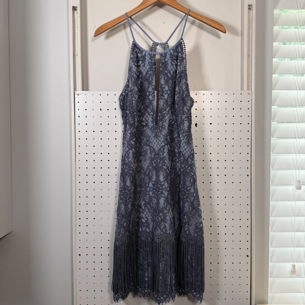 Saylor Julie Lace Slip Dress‎ Women's Blue Halter Keyhole Fringe - Medium NWT
